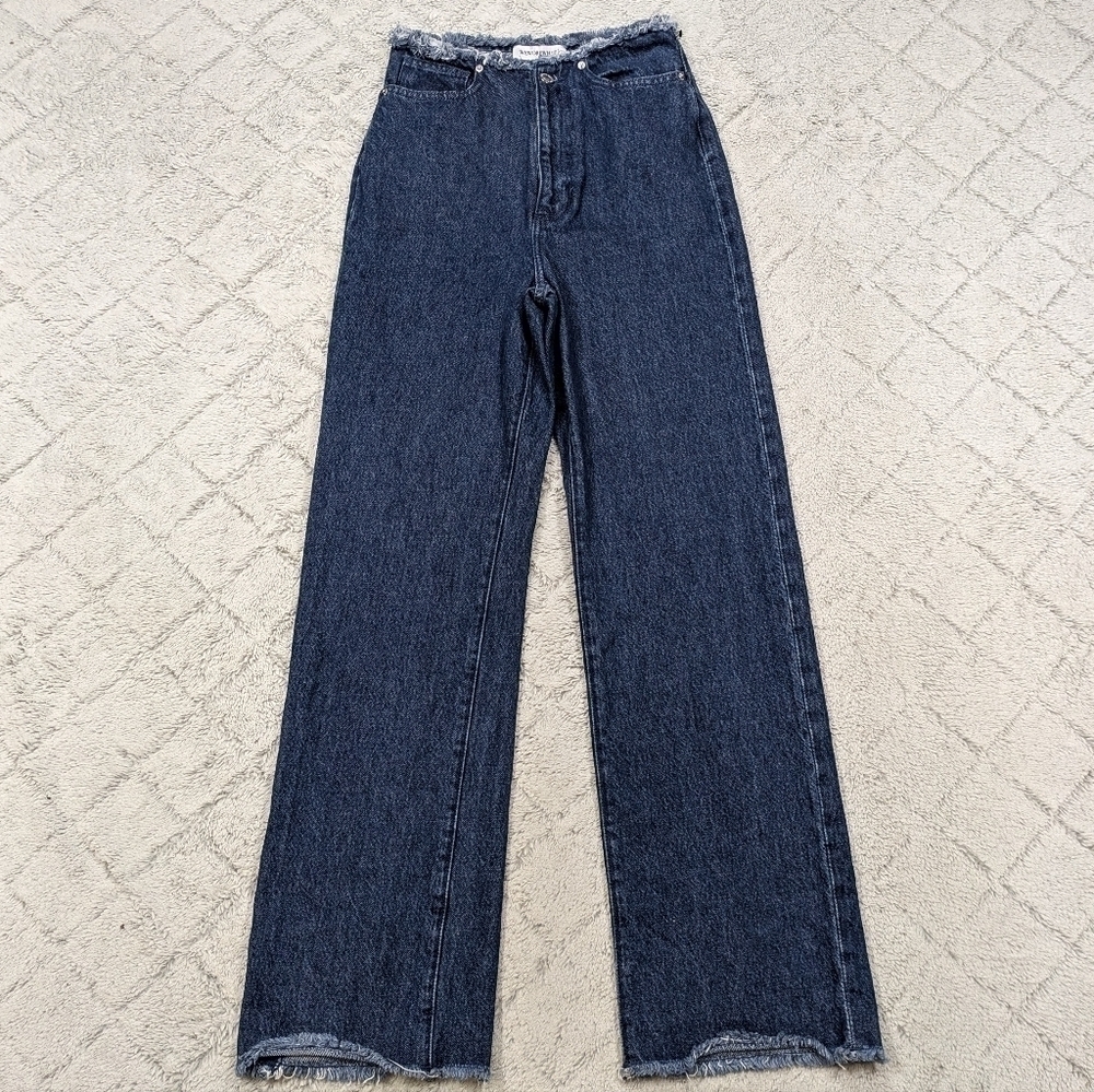 WeWoreWhat Jeans Women's 24 Blue Dark Straight Leg High Rise Relaxed Raw Hem